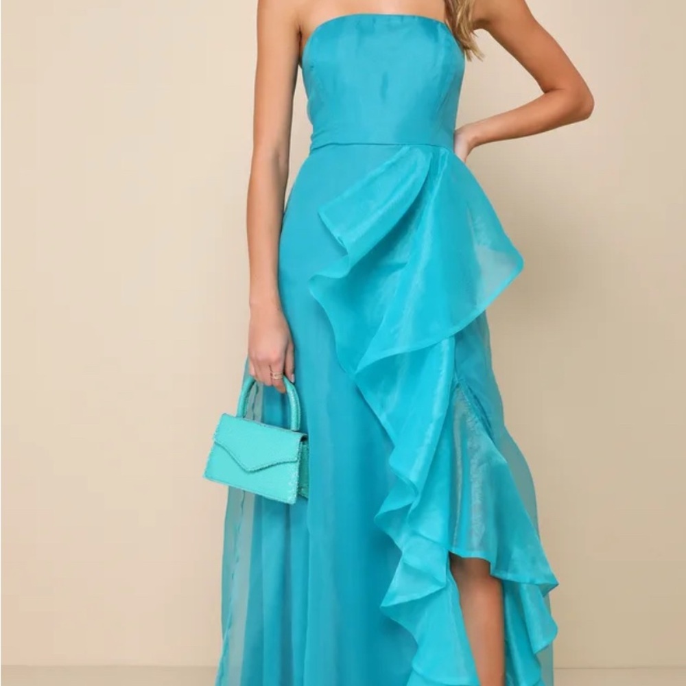 Exquisite Ease Teal Green Organza Strapless Ruffled Maxi Dress